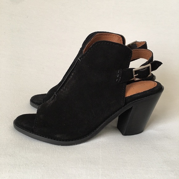 FRYE Dani Shield Sling Back Sandal Heels Open toe Wood wmn 6.5 black Or tan New - Picture 3 of 15